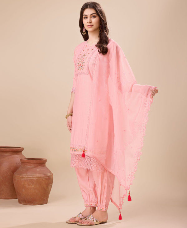 Prazu Fashion Peach Viscose Silk Embroidered Kurta Set With Afghani Salwar