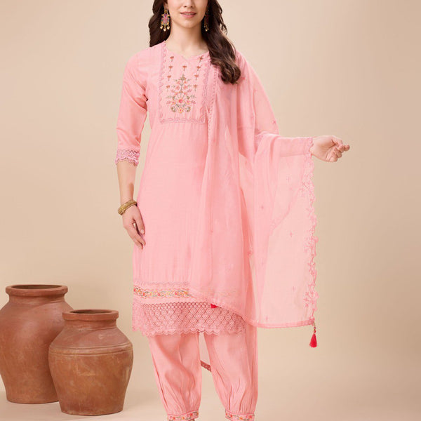 Prazu Fashion Peach Viscose Silk Embroidered Kurta Set With Afghani Salwar