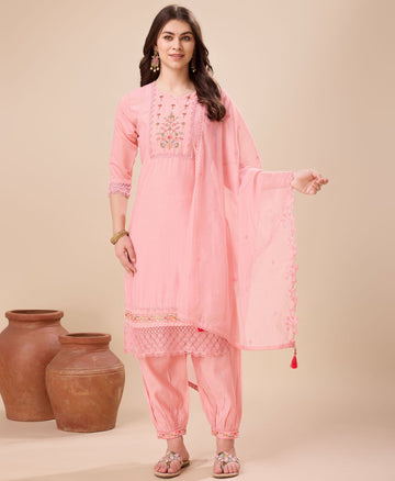 Prazu Fashion Peach Viscose Silk Embroidered Kurta Set With Afghani Salwar - Distacart