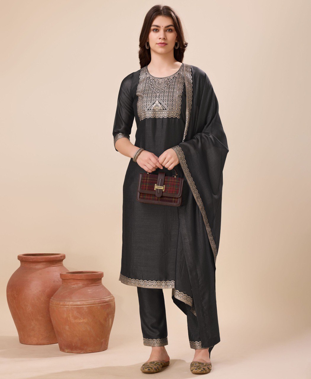 Prazu Fashion Black Vichitra Silk Jacquard Salwar Suit - Distacart