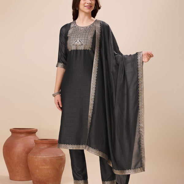 Prazu Fashion Black Vichitra Silk Jacquard Salwar Suit