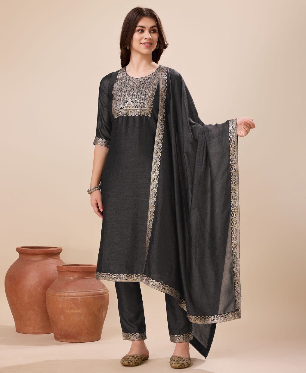 Prazu Fashion Black Vichitra Silk Jacquard Salwar Suit - Distacart