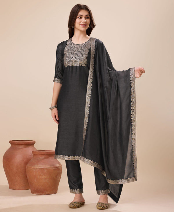 Prazu Fashion Black Vichitra Silk Jacquard Salwar Suit