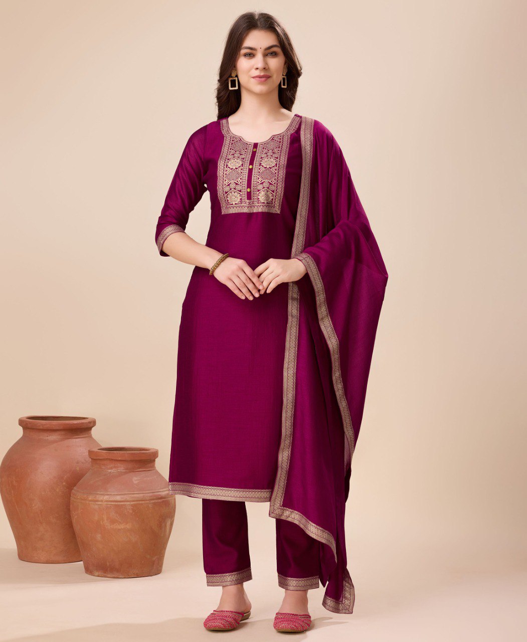 Prazu Fashion Wine Vichitra Silk Jacquard Salwar Suit - Distacart