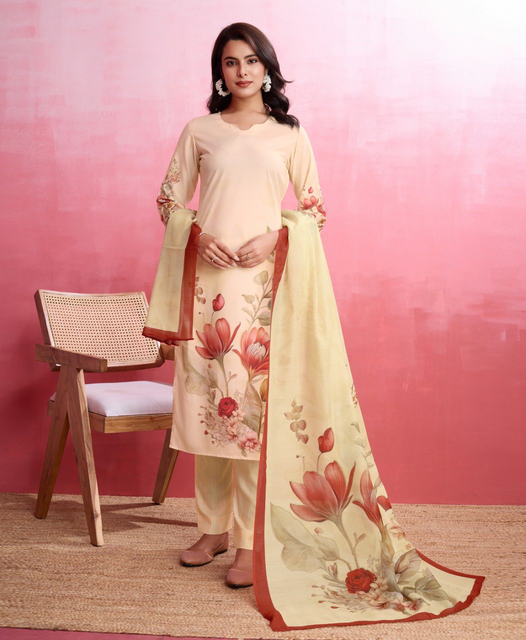Prazu Fashion Beige Crepe Printed Designer Kurta Set