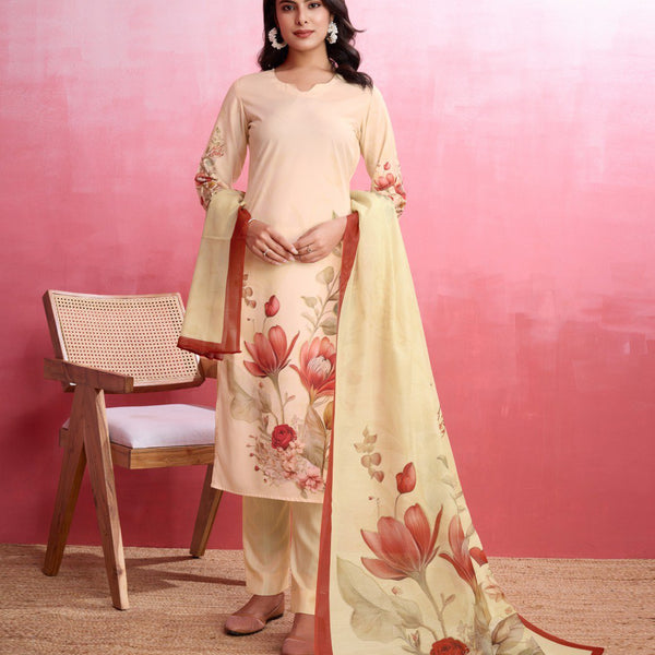 Prazu Fashion Beige Crepe Printed Designer Kurta Set