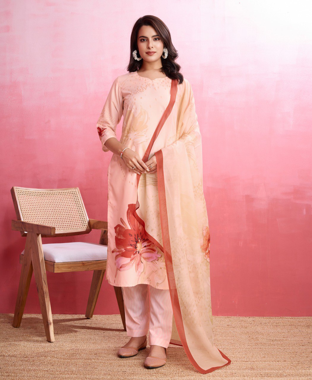 Prazu Fashion Peach Crepe Printed Designer Kurta Set