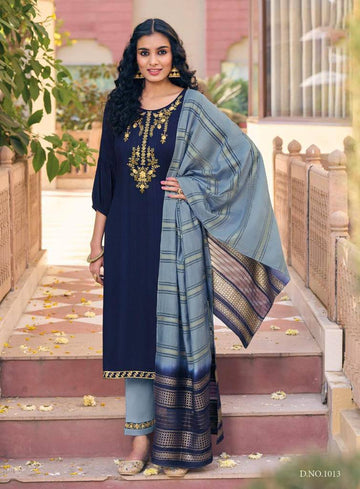Prazu Fashion Blue Viscose Reyon Embroidered Salwar Suit - Distacart