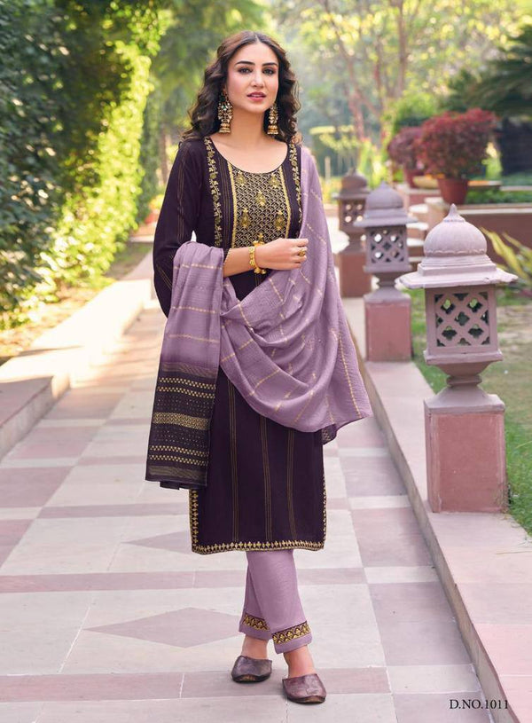 Prazu Fashion Purple Viscose Reyon Embroidered Salwar Suit