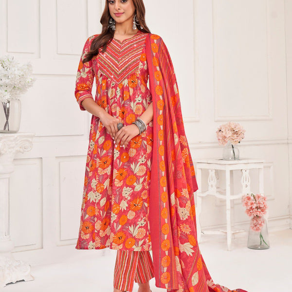 Prazu Fashion Peach Cotton Foil Printed Kurta Set