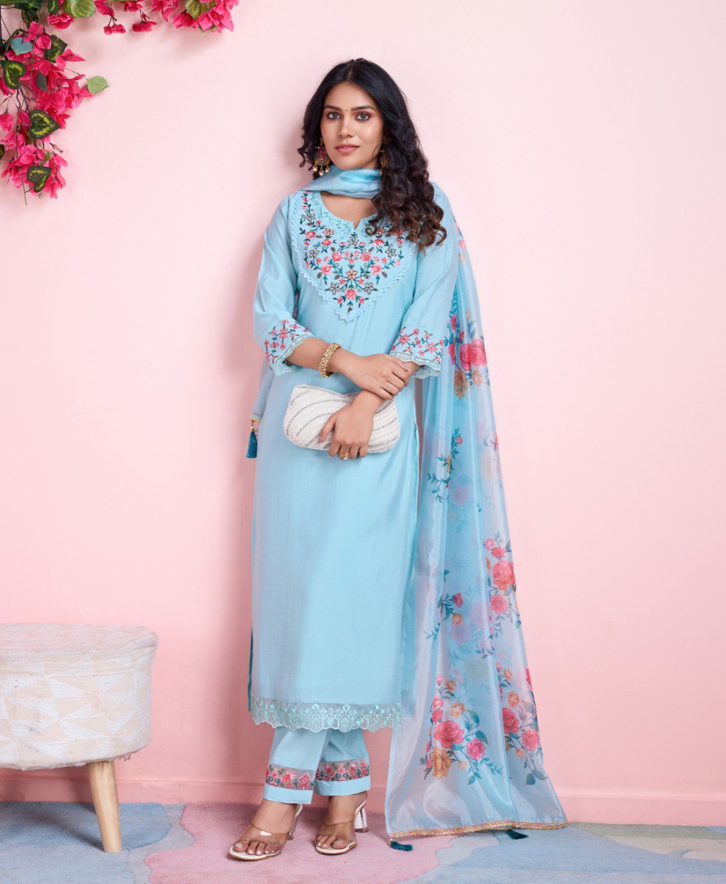 Prazu Fashion Sky Blue Viscose Silk Embroidered Kurta Set