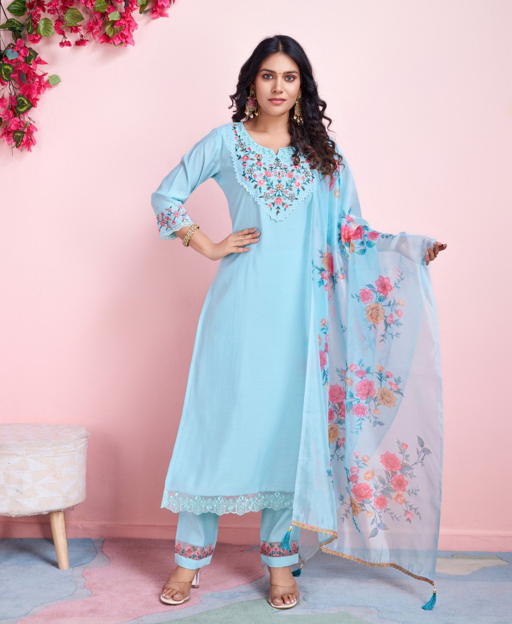 Prazu Fashion Sky Blue Viscose Silk Embroidered Kurta Set