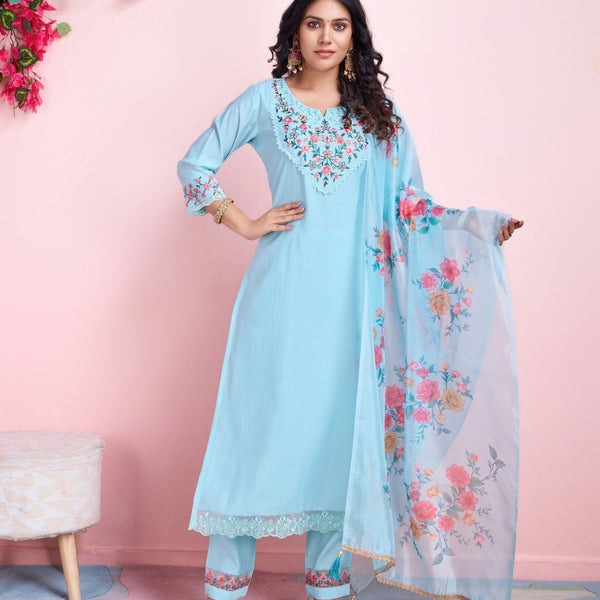 Prazu Fashion Sky Blue Viscose Silk Embroidered Kurta Set