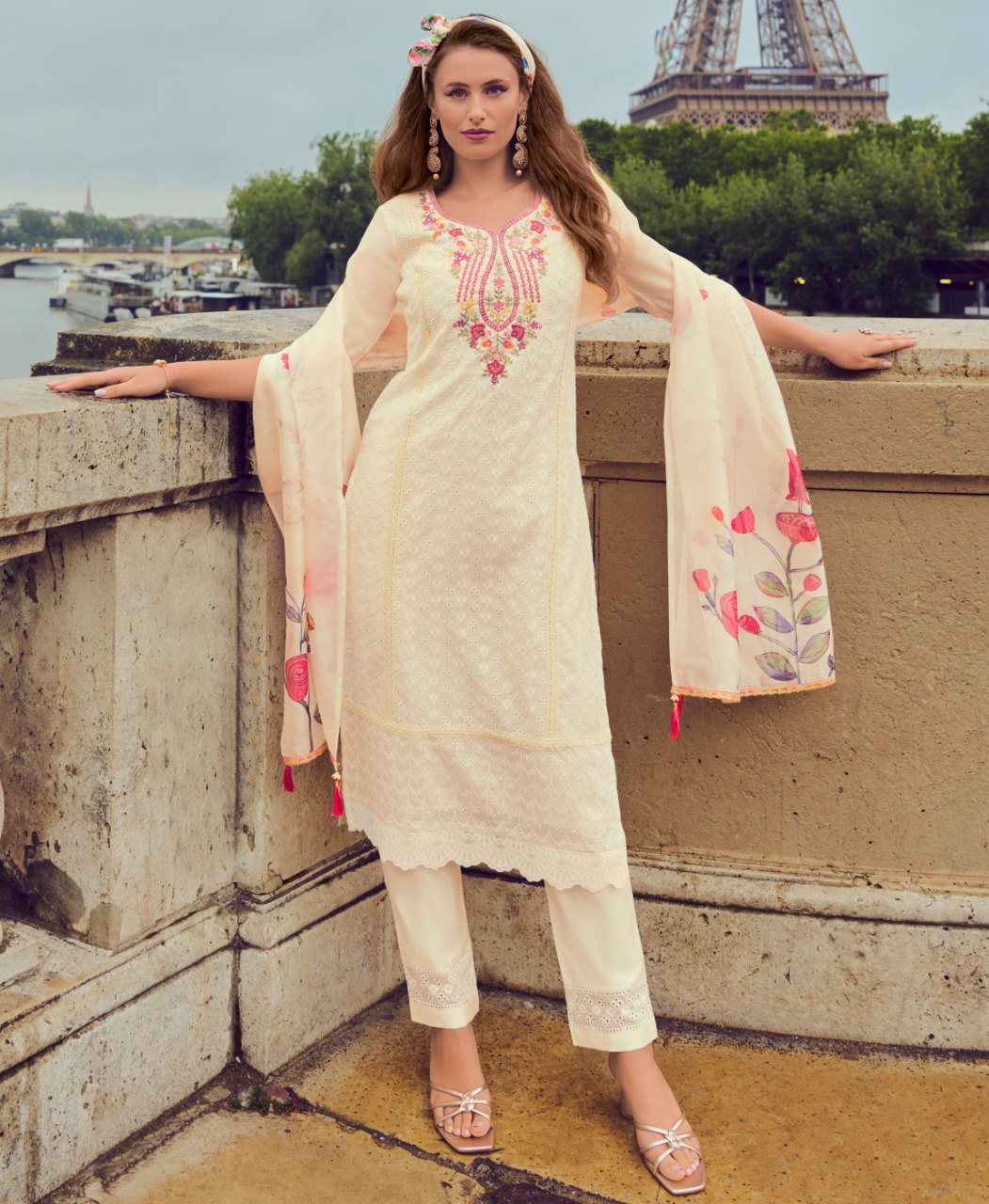 Prazu Fashion Off-White Chanderi Silk Chikankari Embroidered Kurta Set