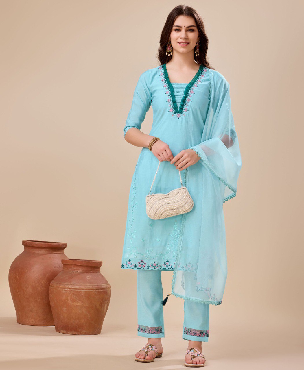 Prazu Fashion Sky Blue Viscose Silk Embroidered Kurta Set