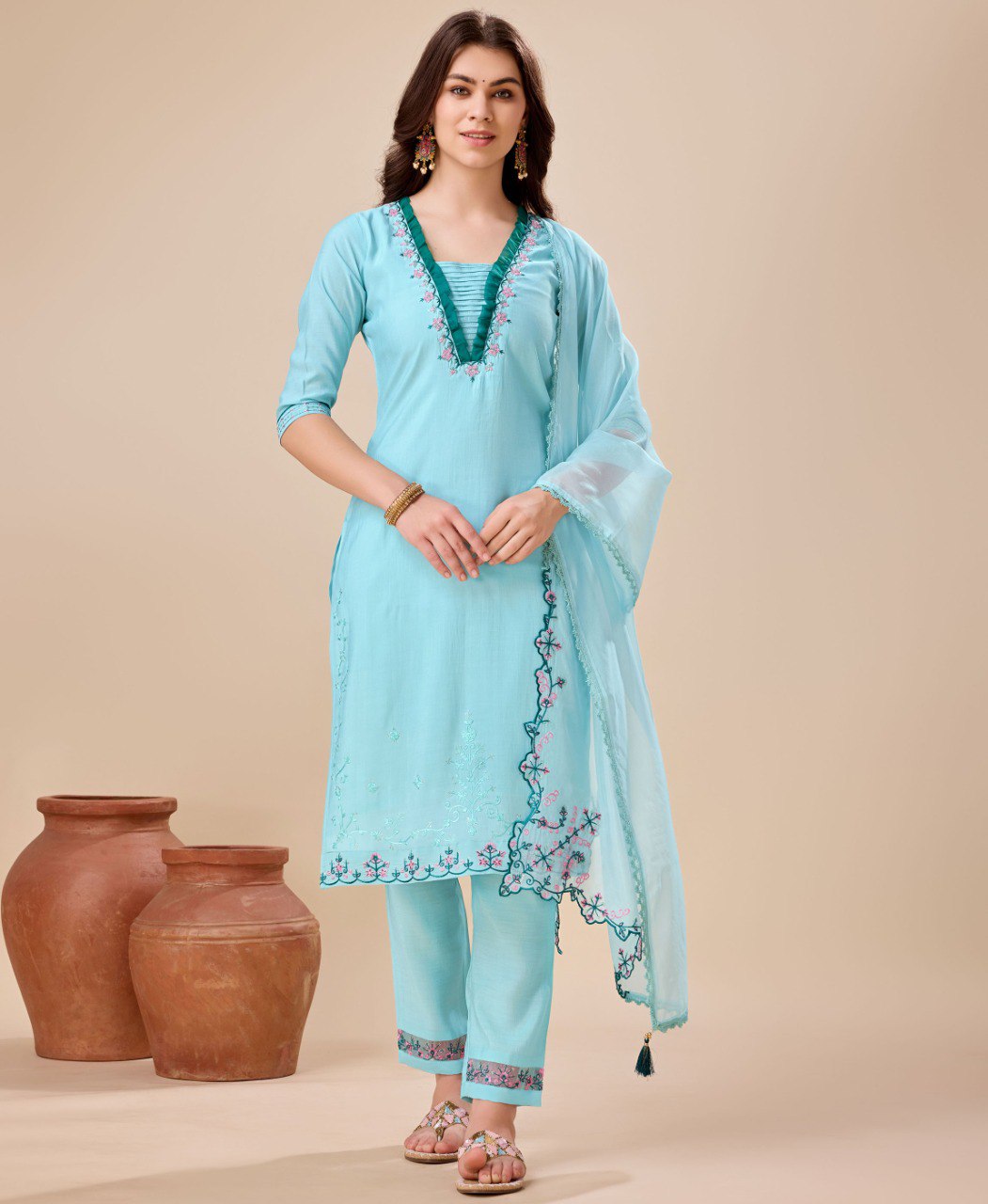 Prazu Fashion Sky Blue Viscose Silk Embroidered Kurta Set