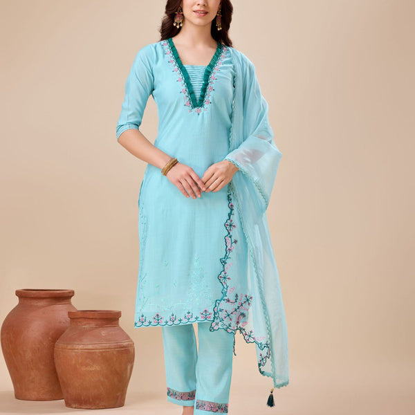 Prazu Fashion Sky Blue Viscose Silk Embroidered Kurta Set