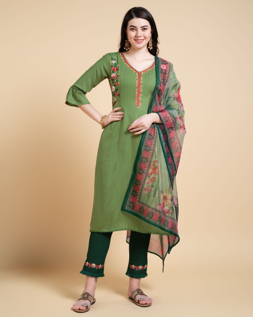 Prazu Fashion Mahendi Reyon Embroidered Kurta Set