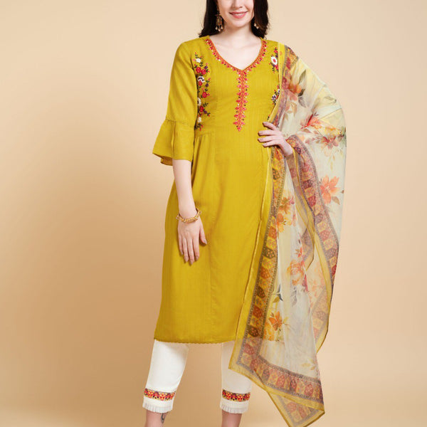 Prazu Fashion Yellow Reyon Embroidered Kurta Set