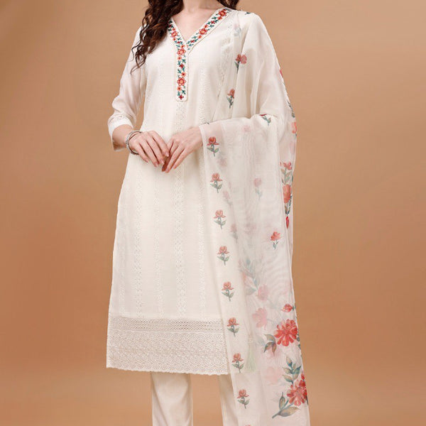 Prazu Fashion Off White Chanderi Silk Embroidered Kurta Set