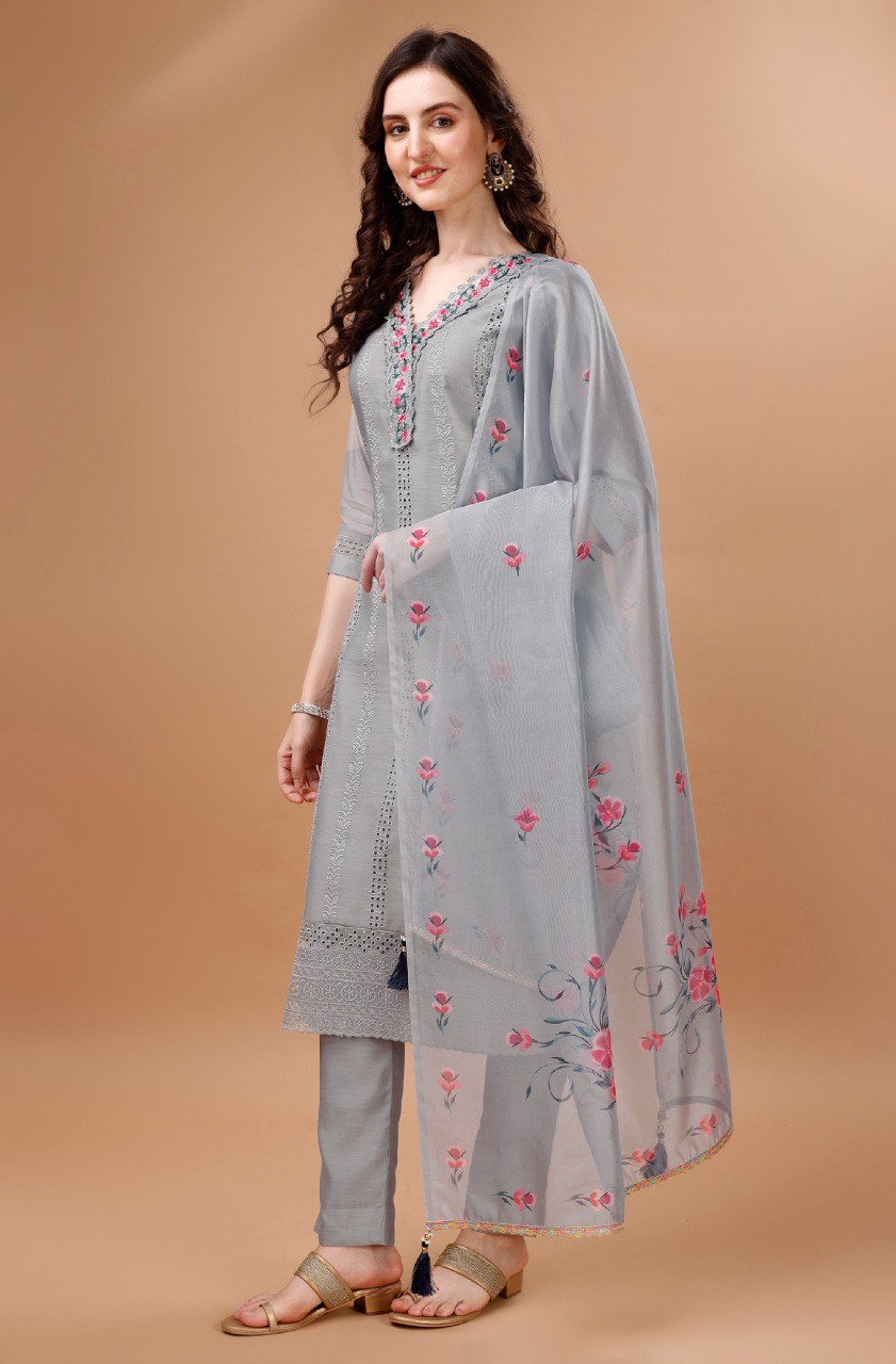 Prazu Fashion Light Grey Chanderi Silk Chikankari Kurta Set