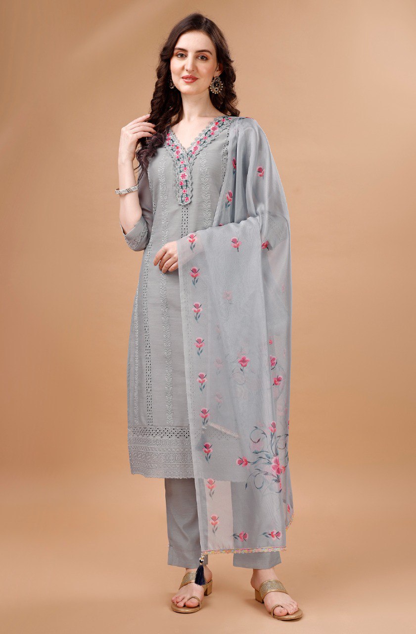 Prazu Fashion Light Grey Chanderi Silk Chikankari Kurta Set
