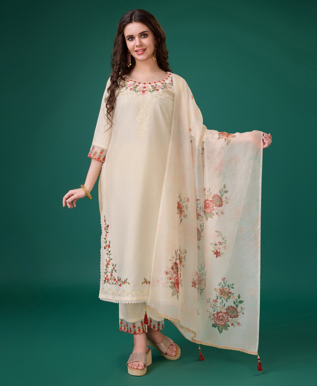 Prazu Fashion Cream Viscose Silk Embroidered Kurta Set