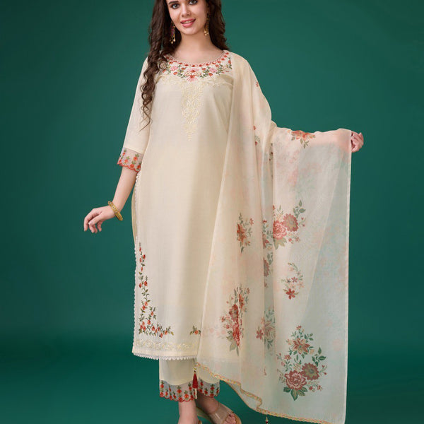 Prazu Fashion Cream Viscose Silk Embroidered Kurta Set