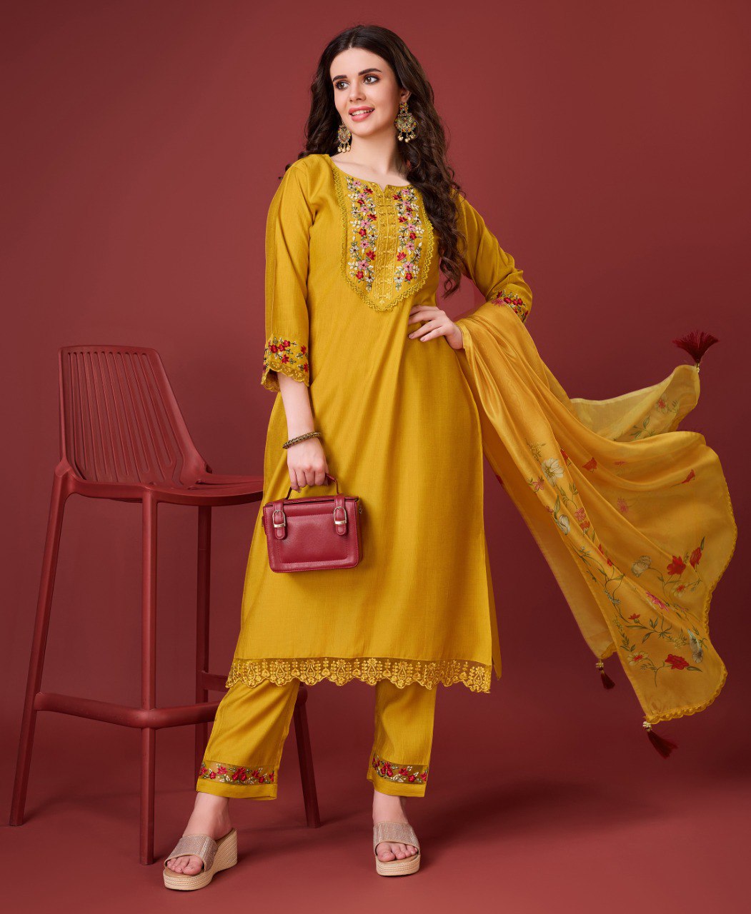 Prazu Fashion Yellow Viscose Silk Embroidered Kurta Set