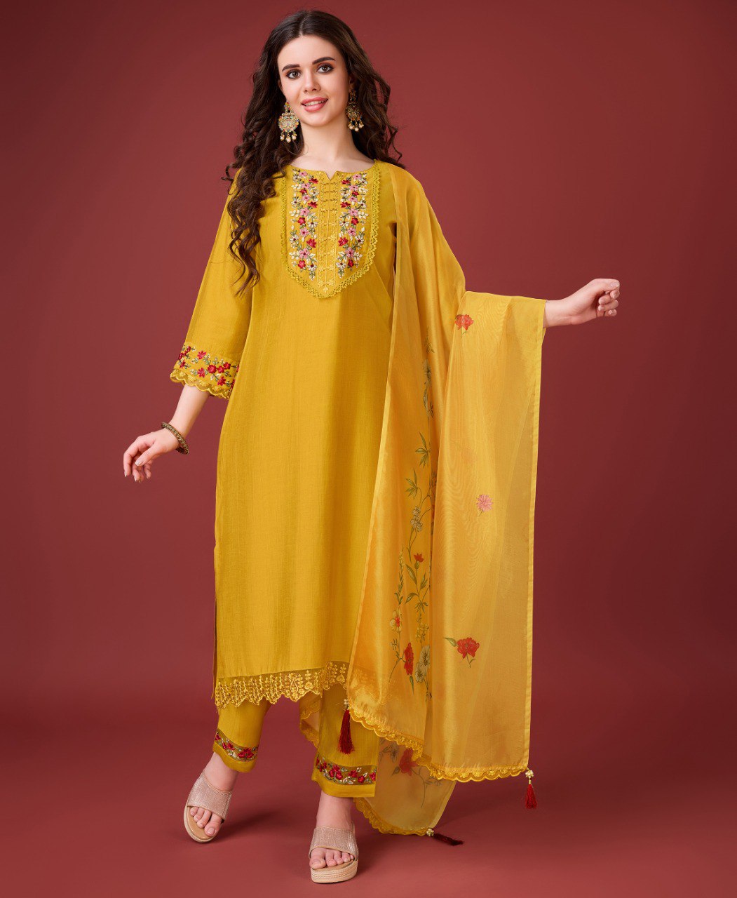 Prazu Fashion Yellow Viscose Silk Embroidered Kurta Set