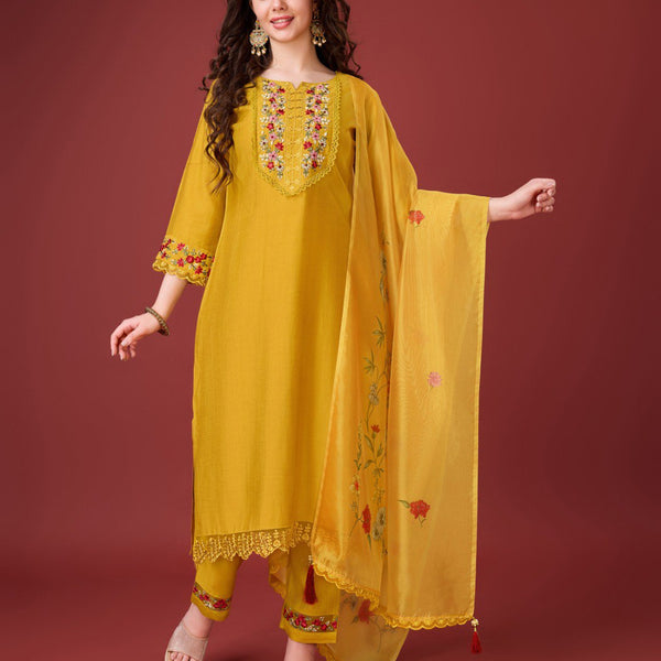 Prazu Fashion Yellow Viscose Silk Embroidered Kurta Set
