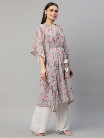 Ahalyaa Women Grey Georgette Floral Printed Kaftan Kurta - Distacart