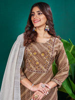 Thumbnail for Malishka Women's Coffee Rayon Embroidered Straight Kurta Pant With Dupatta - Distacart