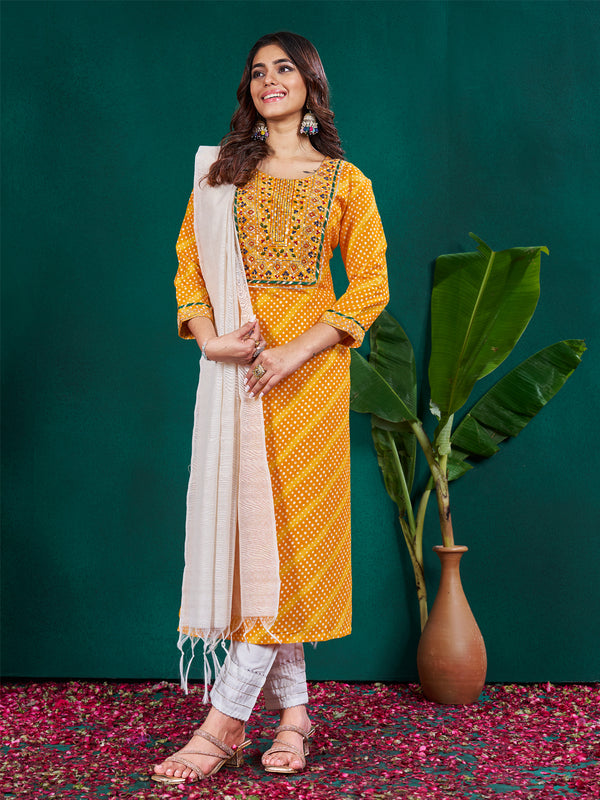 Malishka Women's Yellow Rayon Embroidered Straight Kurta Pant With Dupatta - Distacart