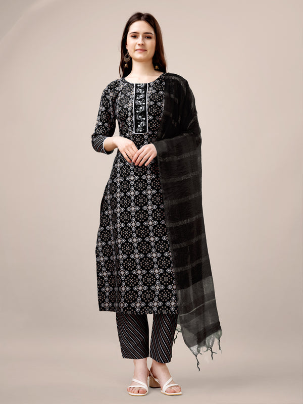 Malishka Women's Black Rayon Embroidered Straight Kurta Pant With Dupatta - Distacart