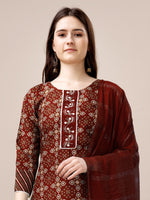 Thumbnail for Malishka Women's Maroon Rayon Embroidered Straight Kurta Pant With Dupatta - Distacart