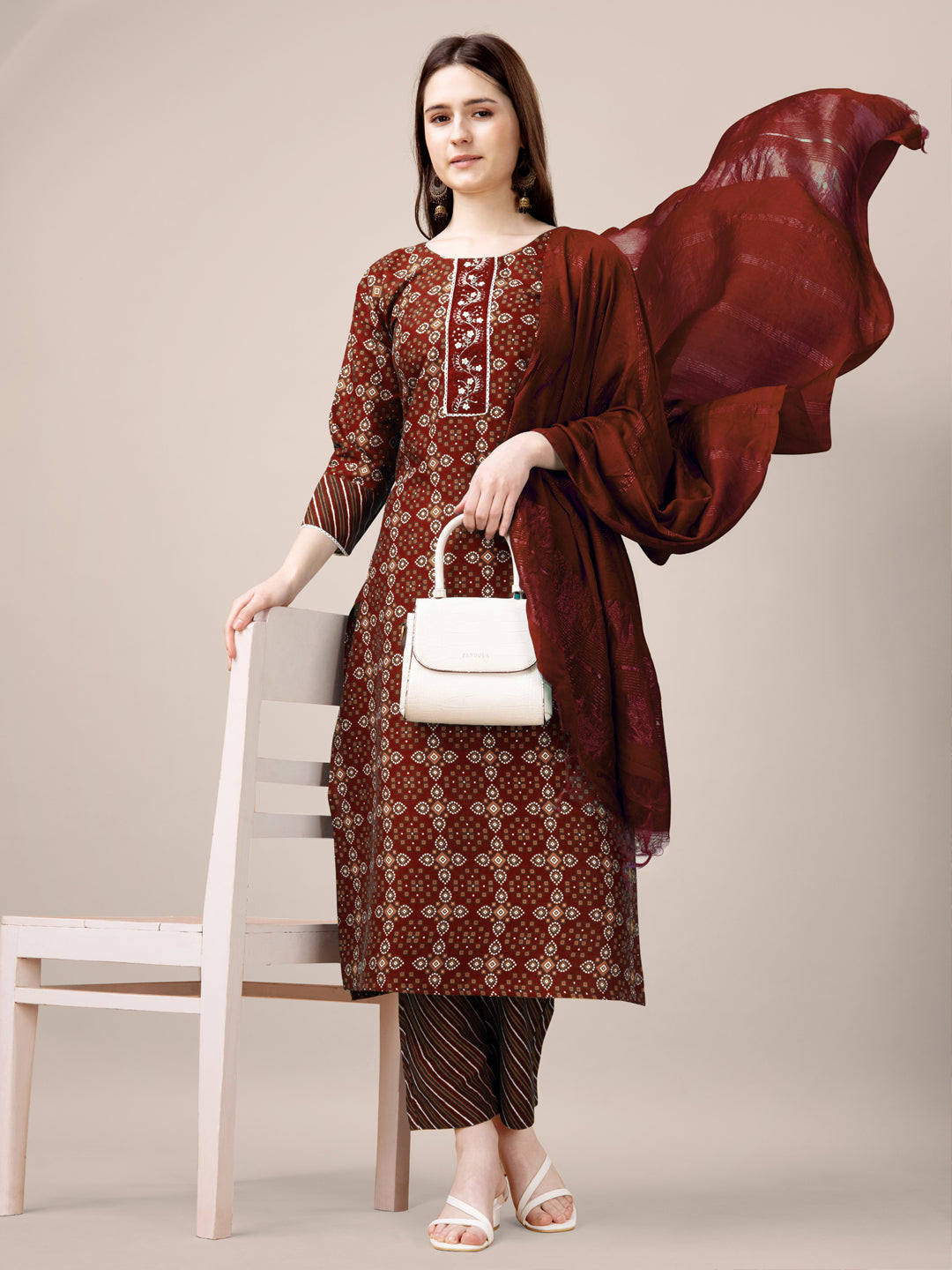 Malishka Women's Maroon Rayon Embroidered Straight Kurta Pant With Dupatta - Distacart