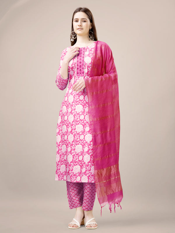 Malishka Women's Pink Rayon Embroidered Straight Kurta Pant With Dupatta - Distacart