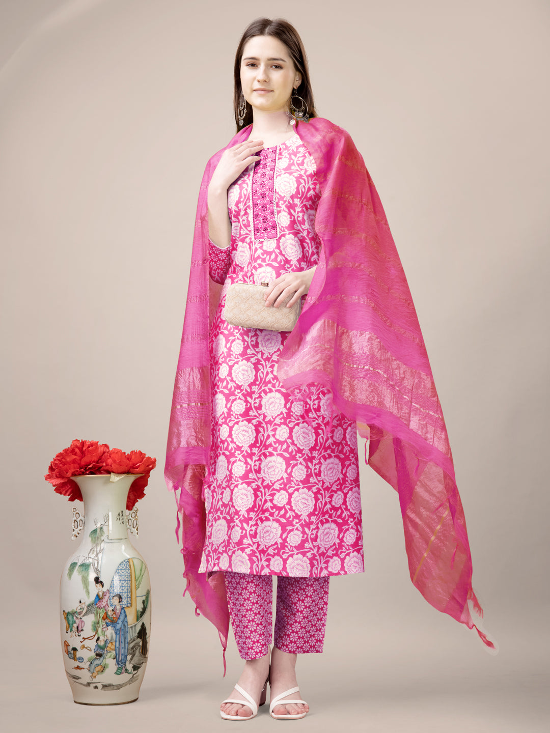 Malishka Women's Pink Rayon Embroidered Straight Kurta Pant With Dupatta - Distacart