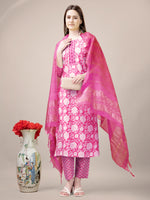 Thumbnail for Malishka Women's Pink Rayon Embroidered Straight Kurta Pant With Dupatta - Distacart