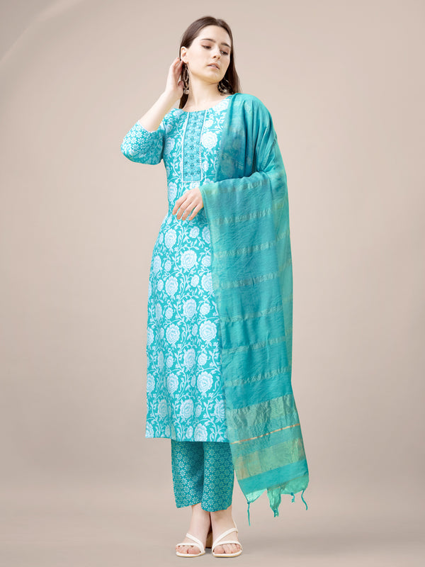 Malishka Women's Sky Blue Rayon Embroidered Straight Kurta Pant With Dupatta - Distacart