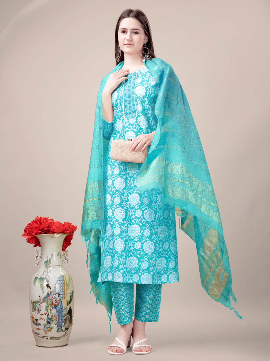 Malishka Women's Sky Blue Rayon Embroidered Straight Kurta Pant With Dupatta - Distacart