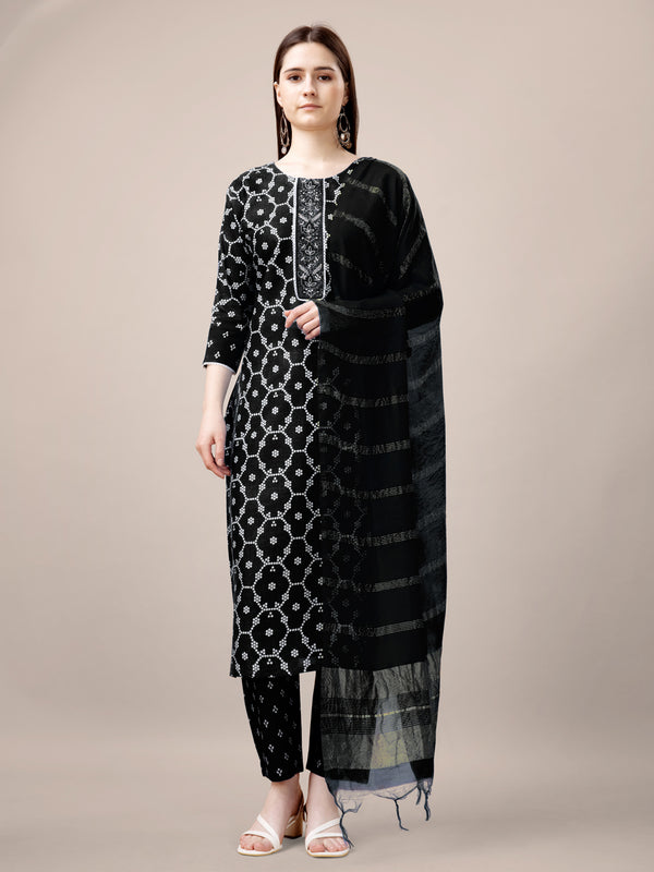 Malishka Women's Black Rayon Embroidered Straight Kurta Pant With Dupatta - Distacart
