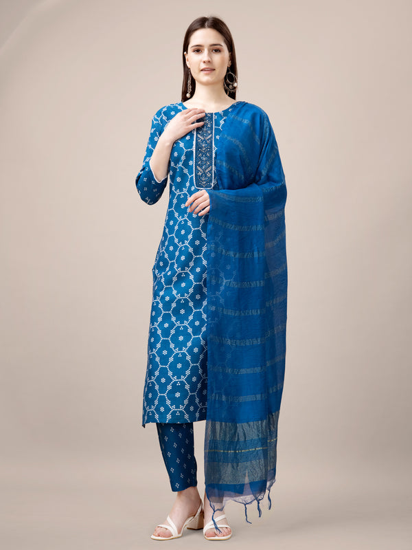 Malishka Women's Blue Rayon Embroidered Straight Kurta Pant With Dupatta - Distacart