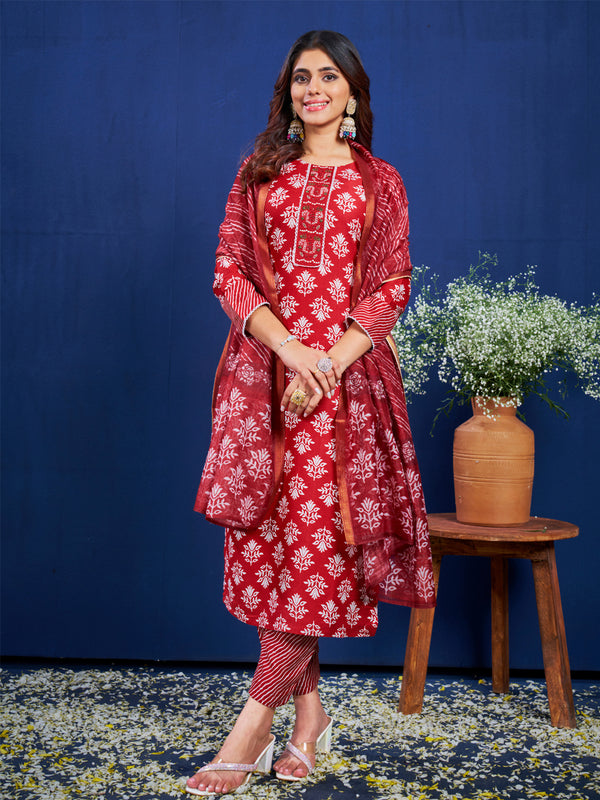 Malishka Women's Maroon Rayon Embroidered Straight Kurta Pant With Dupatta - Distacart