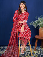 Thumbnail for Malishka Women's Maroon Rayon Embroidered Straight Kurta Pant With Dupatta - Distacart
