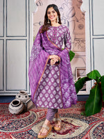 Thumbnail for Malishka Women's Purple Rayon Embroidered Straight Kurta Pant With Dupatta - Distacart