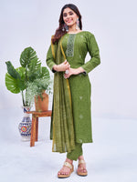 Thumbnail for Malishka Women's Mehendi Rayon Embroidered Straight Kurta Pant With Dupatta - Distacart