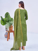 Thumbnail for Malishka Women's Mehendi Rayon Embroidered Straight Kurta Pant With Dupatta - Distacart