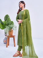 Thumbnail for Malishka Women's Mehendi Rayon Embroidered Straight Kurta Pant With Dupatta - Distacart
